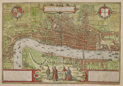 Hand-coloured view of London from Braun and Hoggenberg’s opulent atlas of the world’s cities, c. 1600–23