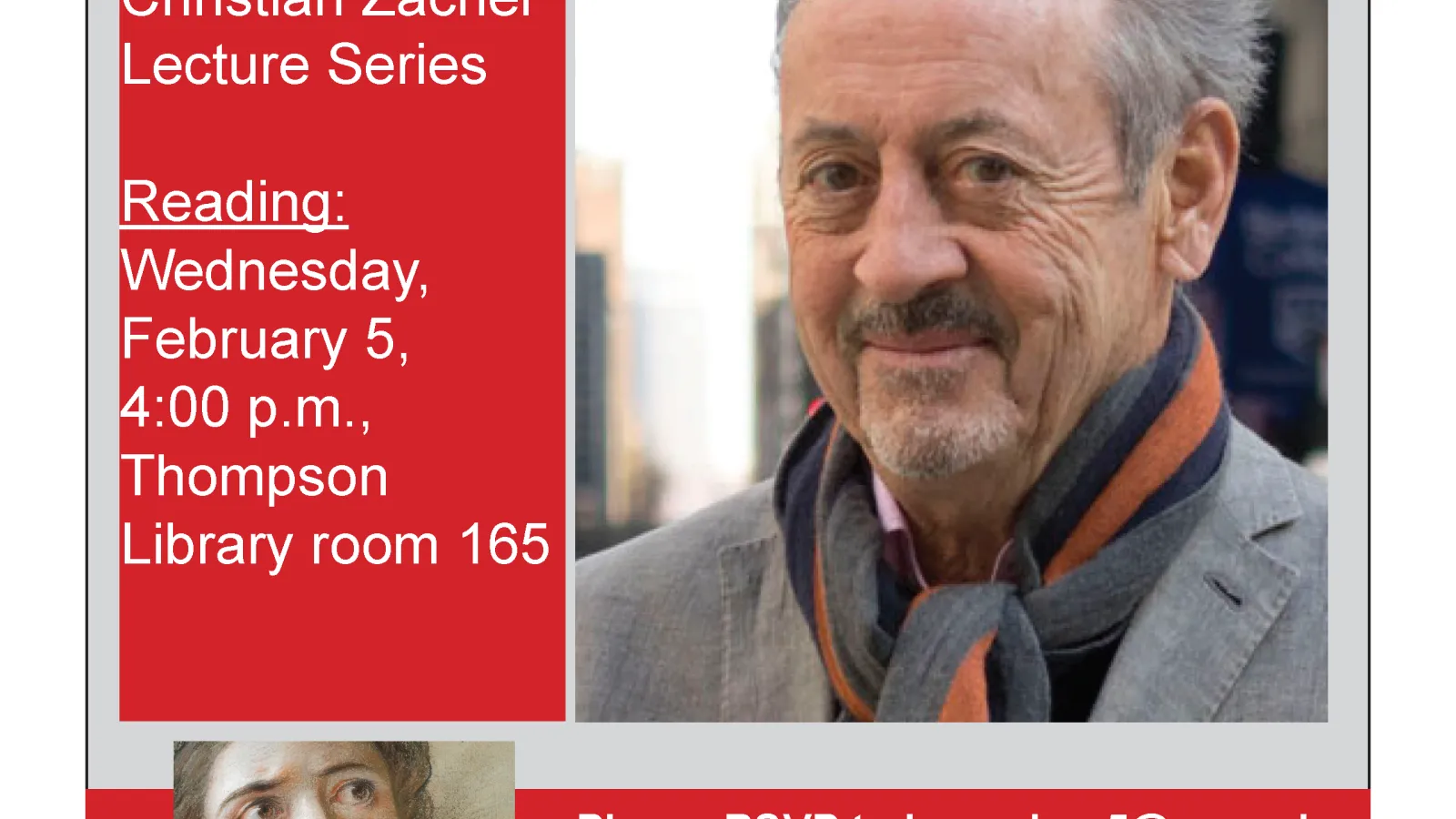 Flyer of Billy Collins. Reading: Wednesday, February 5, 4:00pm, Thompson Library room 165