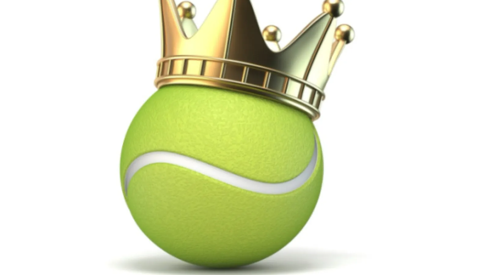 A green tennis ball with a gold king's crown balanced on top of it