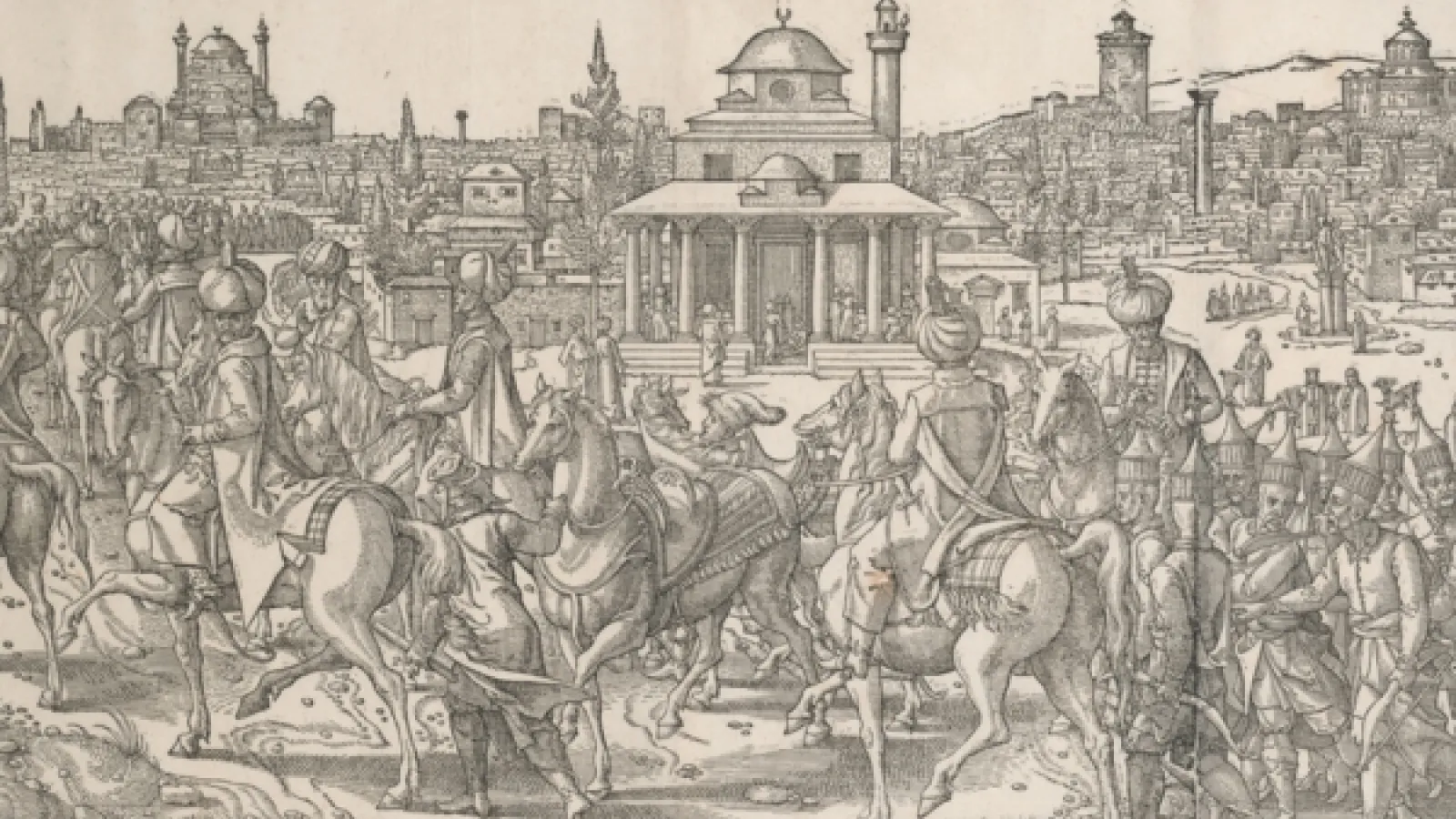 A drawing of lots of people crowded into the walls of a medieval city