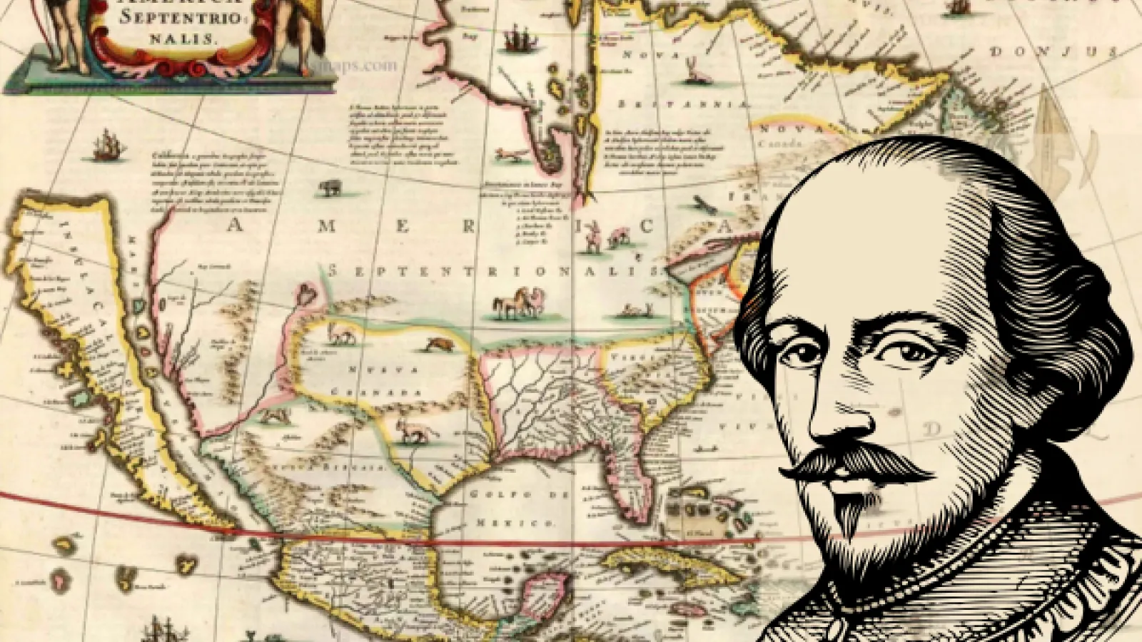 A drawing of Shakespeare in front of an old map of the Americas