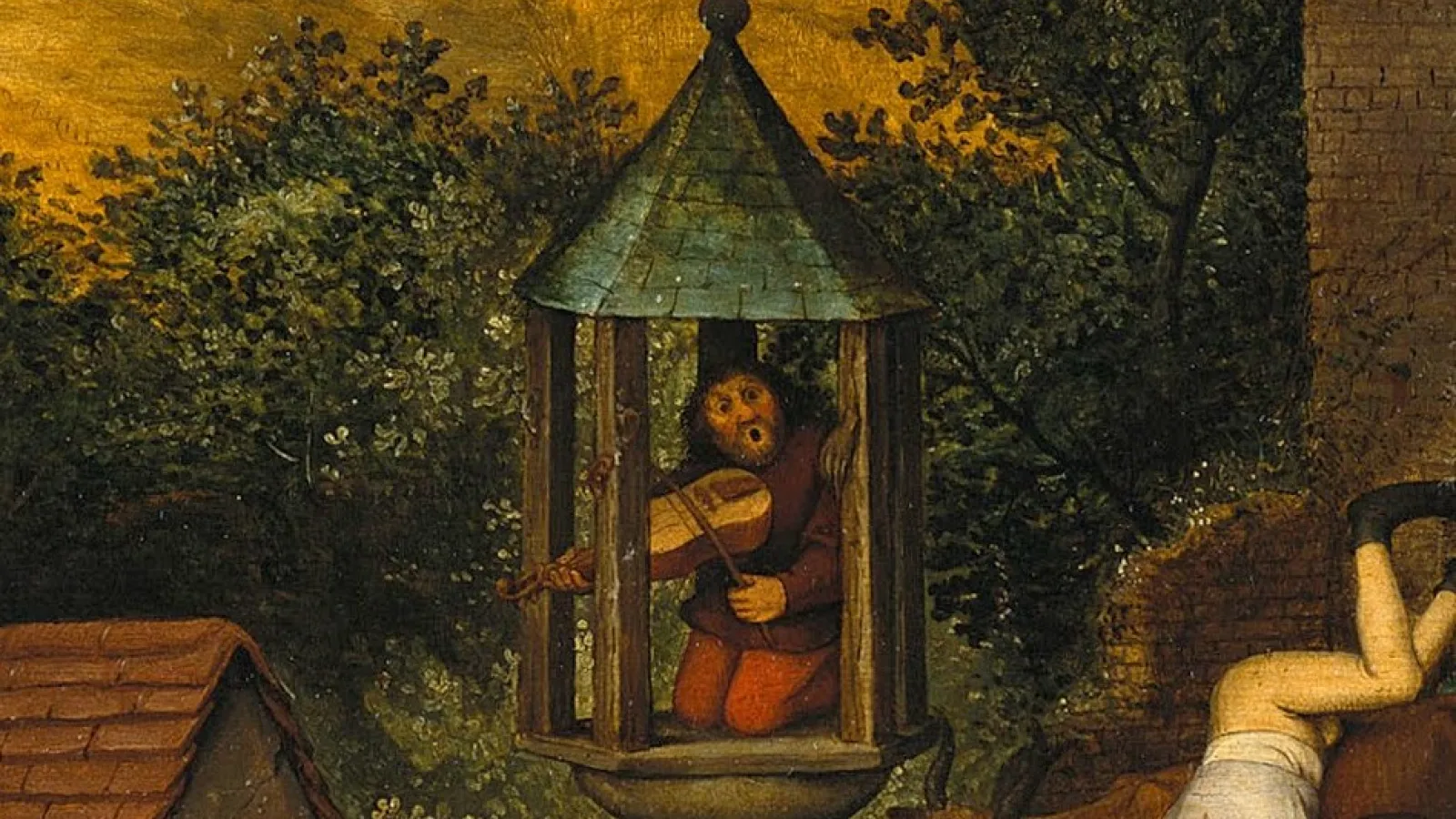 Detail from Pieter Bruegel the Elder's Netherlandish Proverbs with a lantern pillory to illustrate the proverb to play on the pillory.