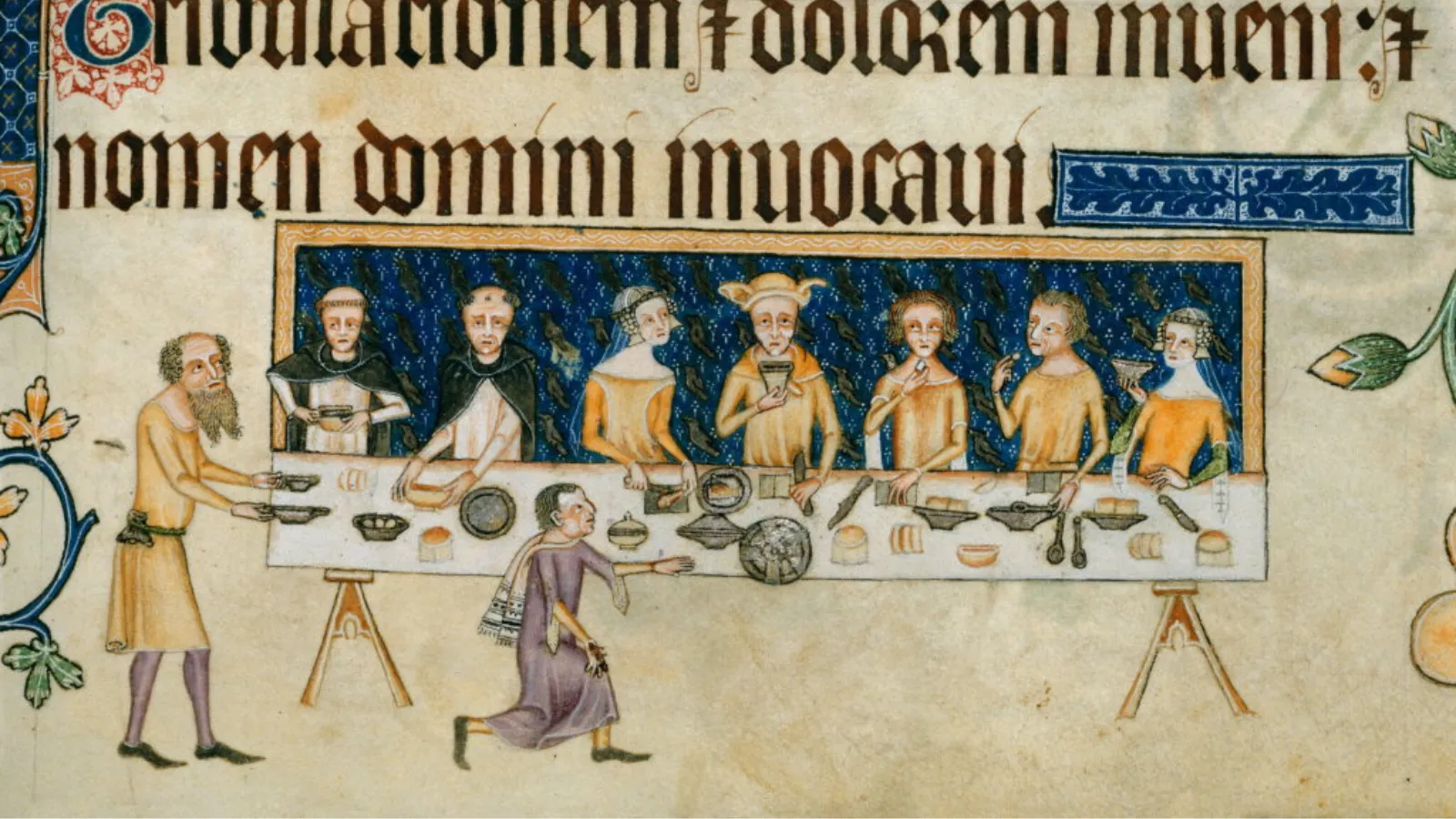 Medieval illumination from Luttrell Psalter of people dining around a table