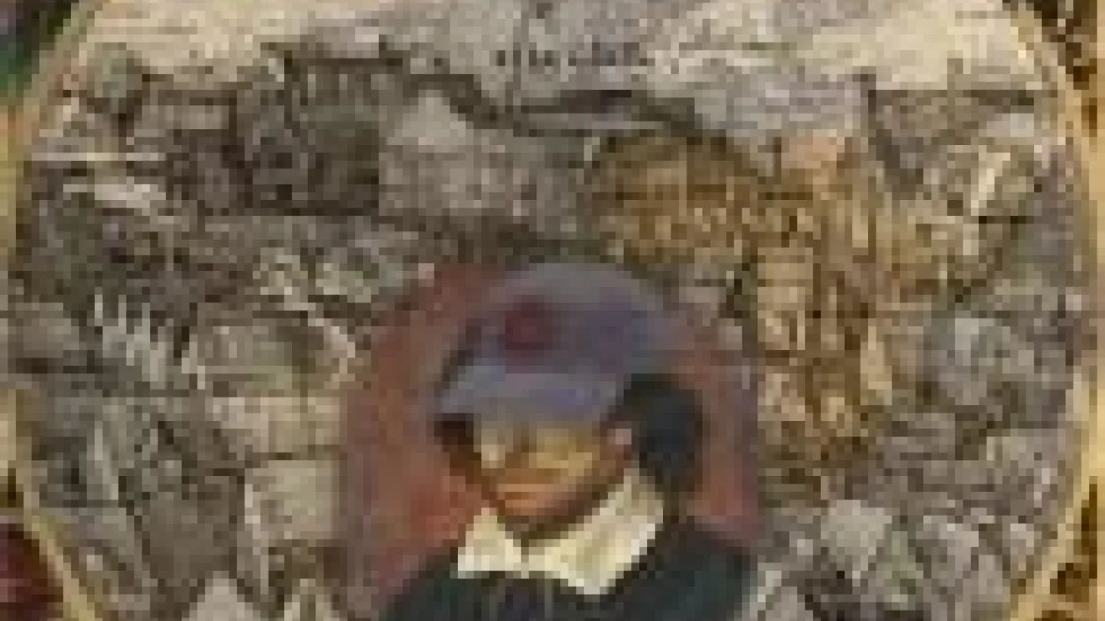 Shakespeare in a hat in front of the Globe Theatre