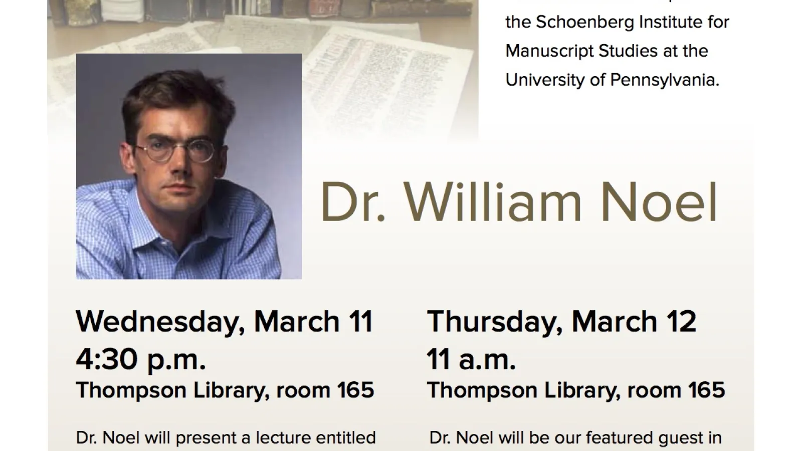 Flyer for William Noel Lecture and Discussion