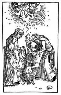 Woodcut of witches hunching over a cauldron