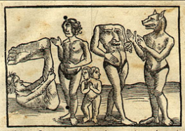 Sciopod, Cyclops, Two-headed Pygmy, Blemmyai, Cynocephalus. From Sebastian Munster, Cosmographia (Basel: Sebastian Heinrich-Petri, 1552)