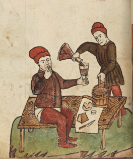 A medieval illustration A man sits on the ground holding a glass and another man is pouring something into his glass