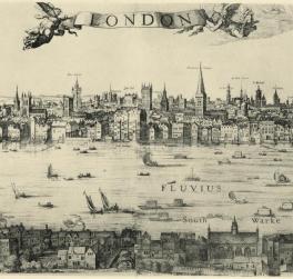 A black-and-white print of seventeenth century London.