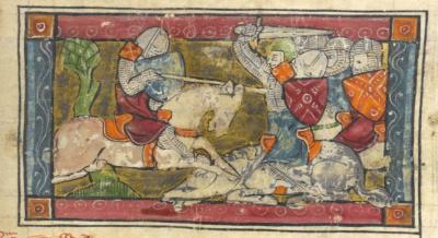 Image: Tristan battles fourteen Knights of the Round Table. From London, British Library, Add. MS 5474