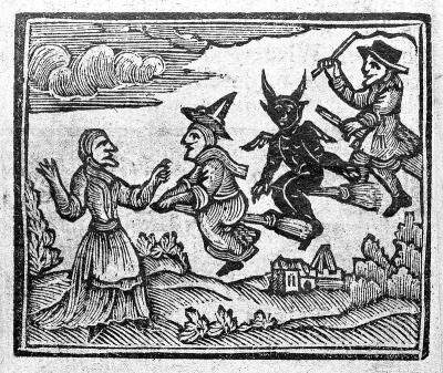 Early modern woodcut of witches and devil coming toward a woman