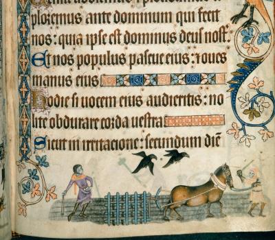 Medieval manuscript of farmer with horse plowing and two crows
