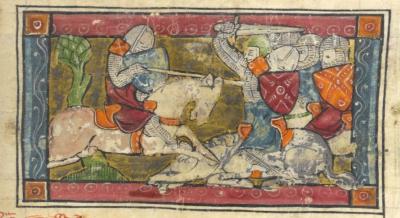 Tristan battles fourteen Knights of the Round Table. Taken from London, British Library, Add. MS 5474