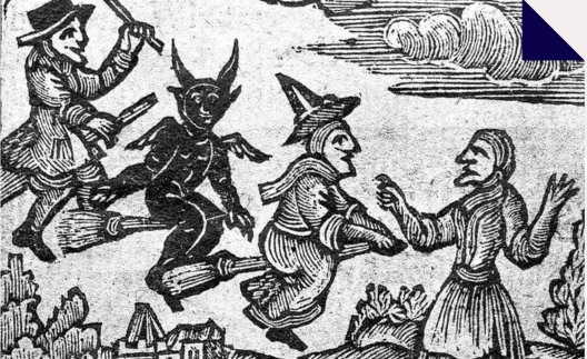 A Drawing of witches and demons on brooms