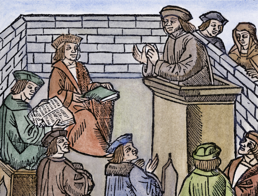 A group of medieval people discussing outside