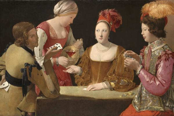 Georges de La Tour painting The Cheat with the Ace of Clubs showing four women in renaissance clothing playing cards. 
