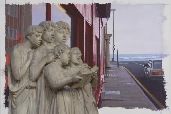 A marble sculpture of a small choir placed on a sidewalk. 