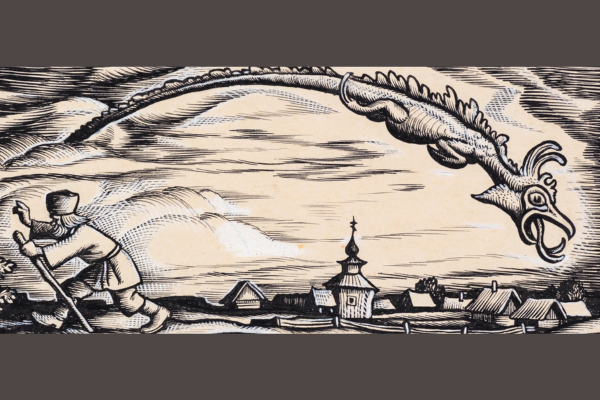 Woodcut print of a huge dragon swooping down over a village