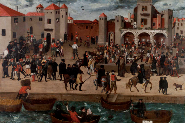 A painting of The Chafariz d'El-Rey (King's Fountain) in the Alfama District, Lisbon. Netherlandish, ca. 1570-80.png