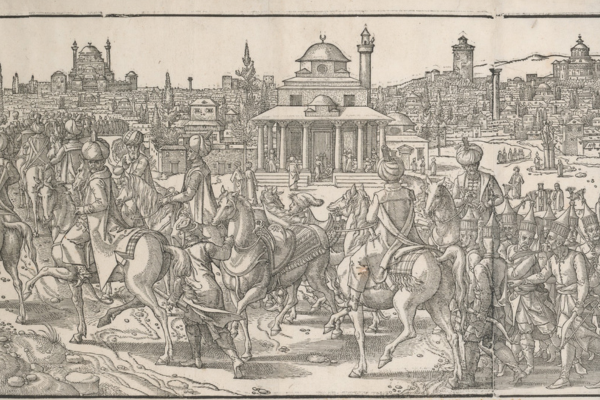 A drawing of lots of people crowded into the walls of a medieval city