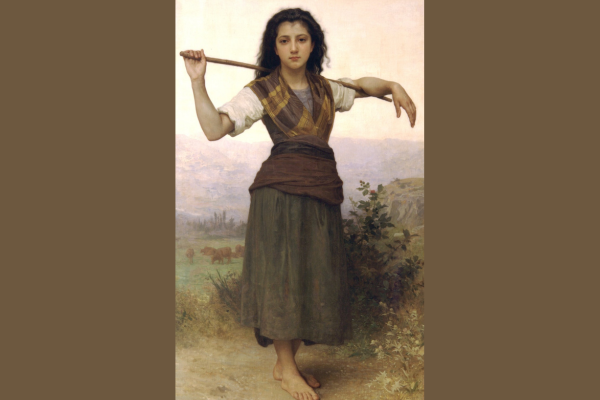 Painting of a shephard girl holding a stick