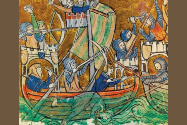 A medieval illustration of men on a boat