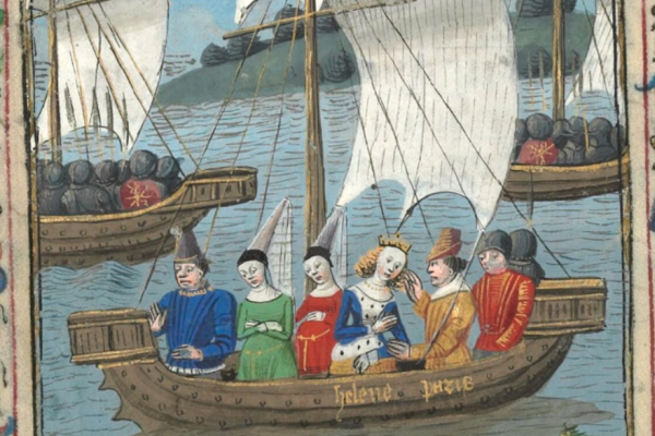 Ship with people in water