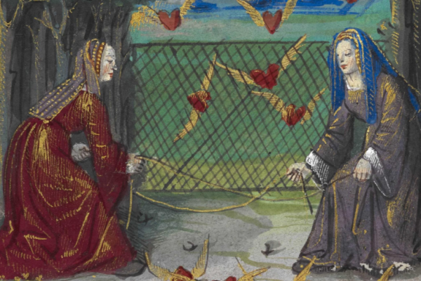 Medieval women catching winged hearts