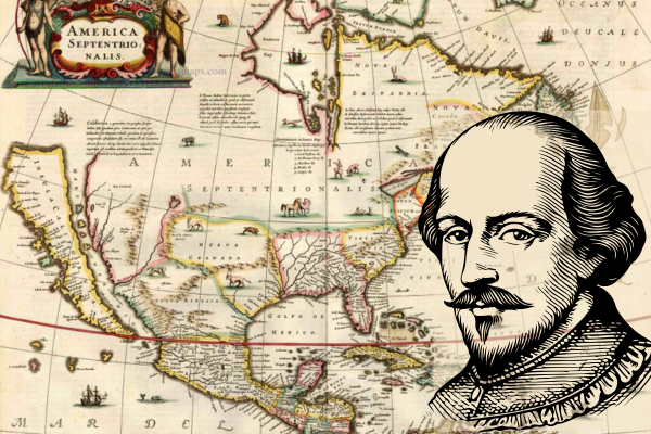 A drawing of Shakespeare in front of an old map of the Americas