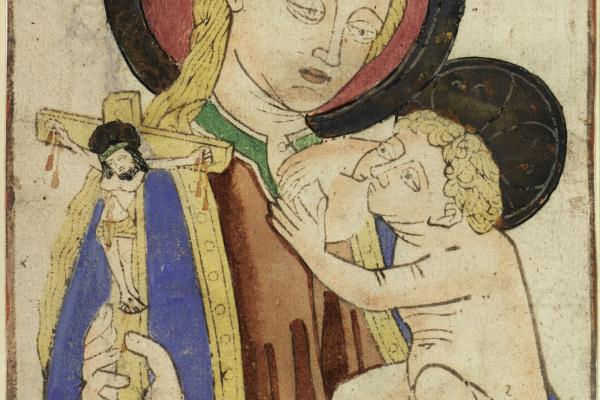 The Virgin Nursing the Christ Child, hand colored woodcut, German, 1450-1460. Berlin, Kupferstichkabinett, Inv.149-1