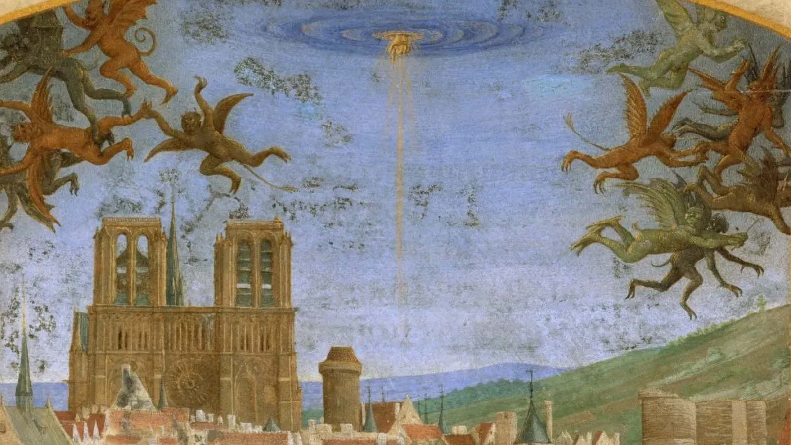 "Notre-Dame Cathedral" in Les Grandes Chroniques de France, illustrated by Jean Fouquet, ca.1460