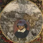 Shakespeare in a hat in front of the Globe Theatre